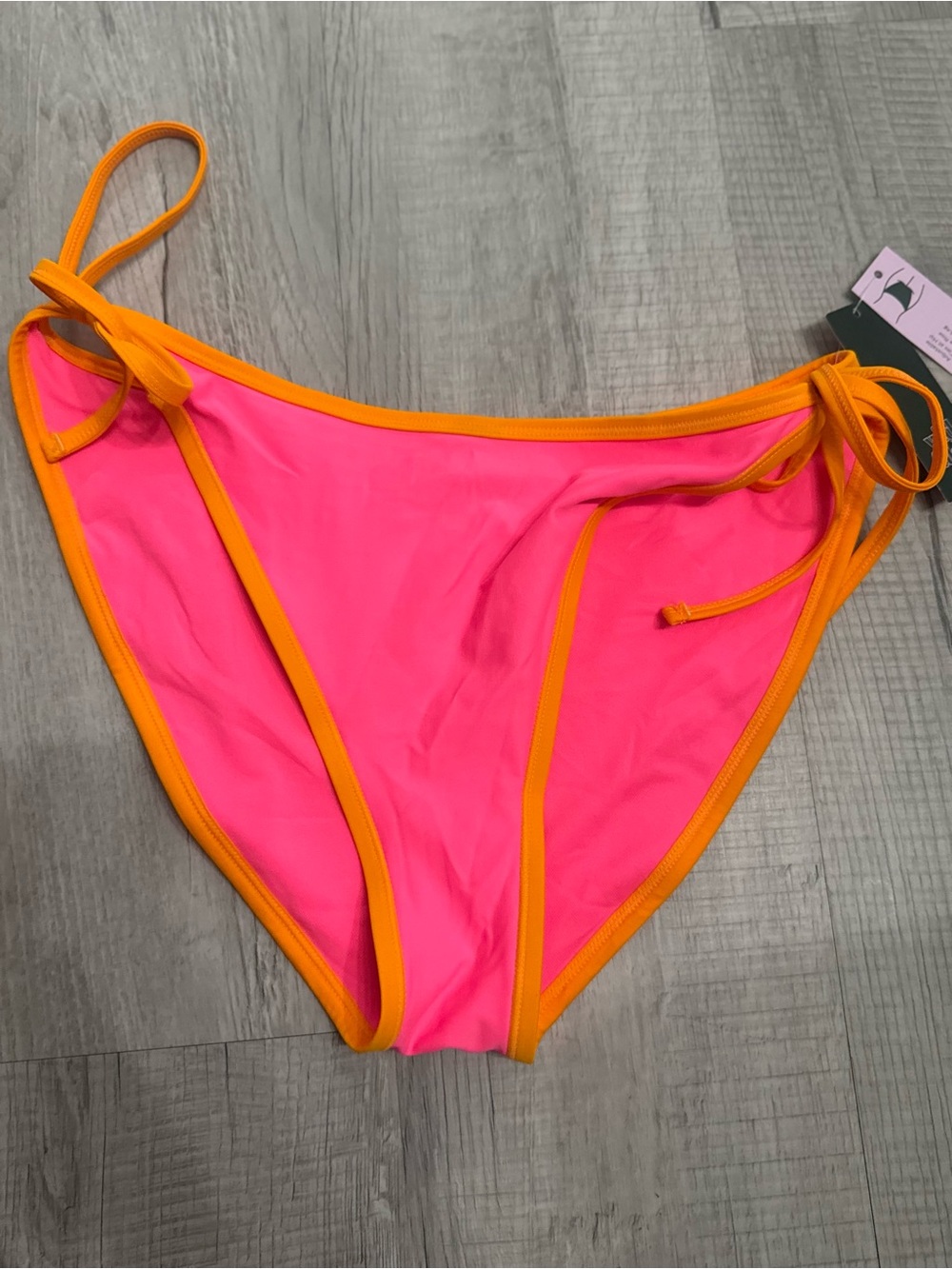 Neon Pink Bikini Bottom with Orange Trim and Adjustable Tie Sides